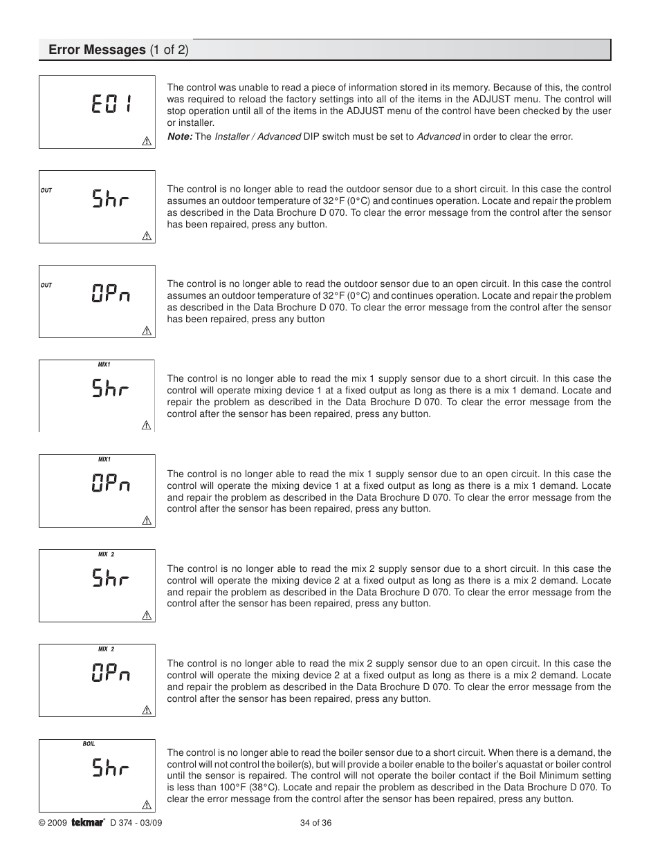 Error messages (1 of 2) | tekmar 374 Universal Reset Control User Manual | Page 34 / 36