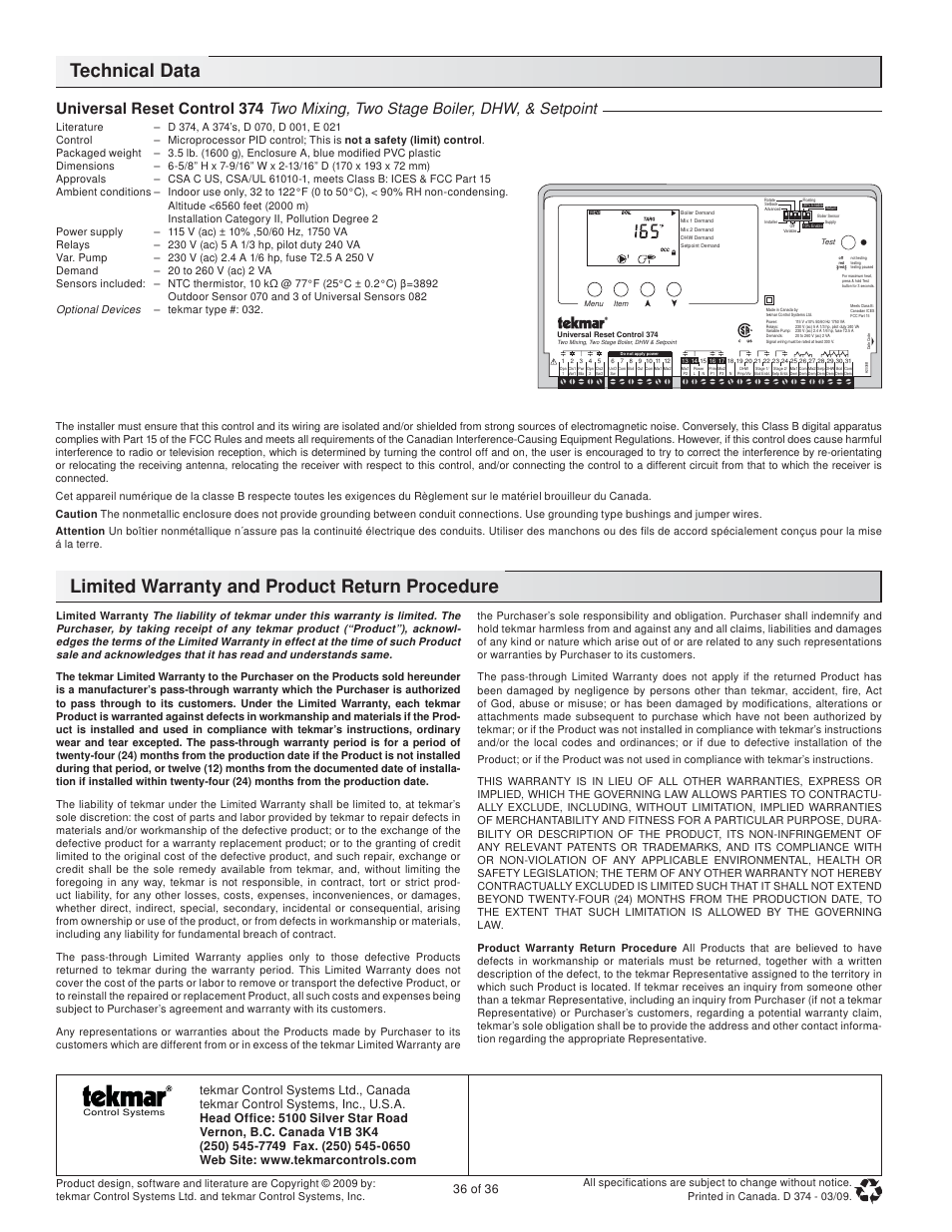 Technical data, Limited warranty and product return procedure, 36 of 36 | tekmar 374 Universal Reset Control User Manual | Page 36 / 36