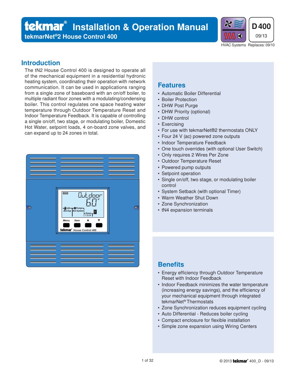 tekmar 400 House Control Installation User Manual | 32 pages