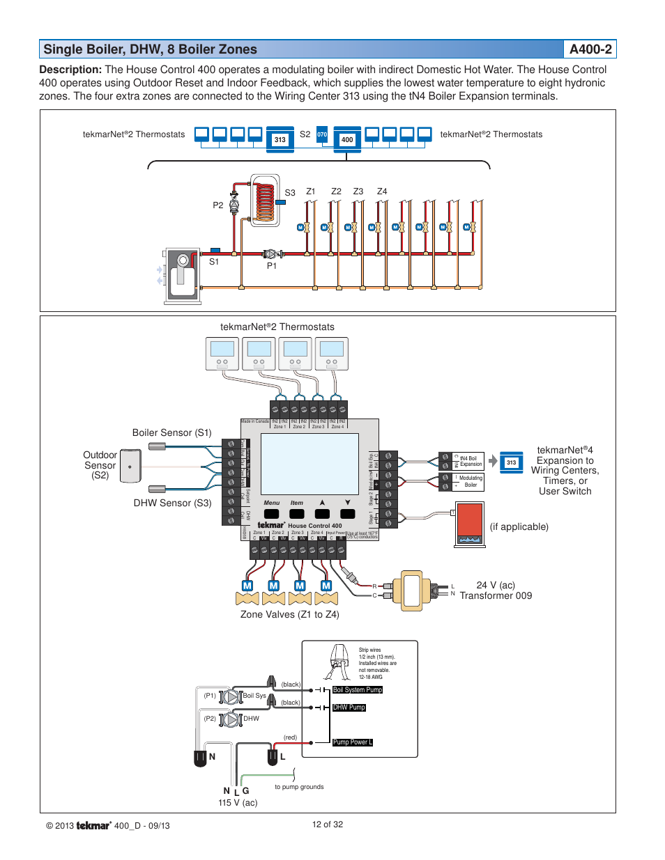 2 thermostats outdoor sensor (s2) tekmarnet, If applicable) | tekmar 400 House Control Installation User Manual | Page 12 / 32