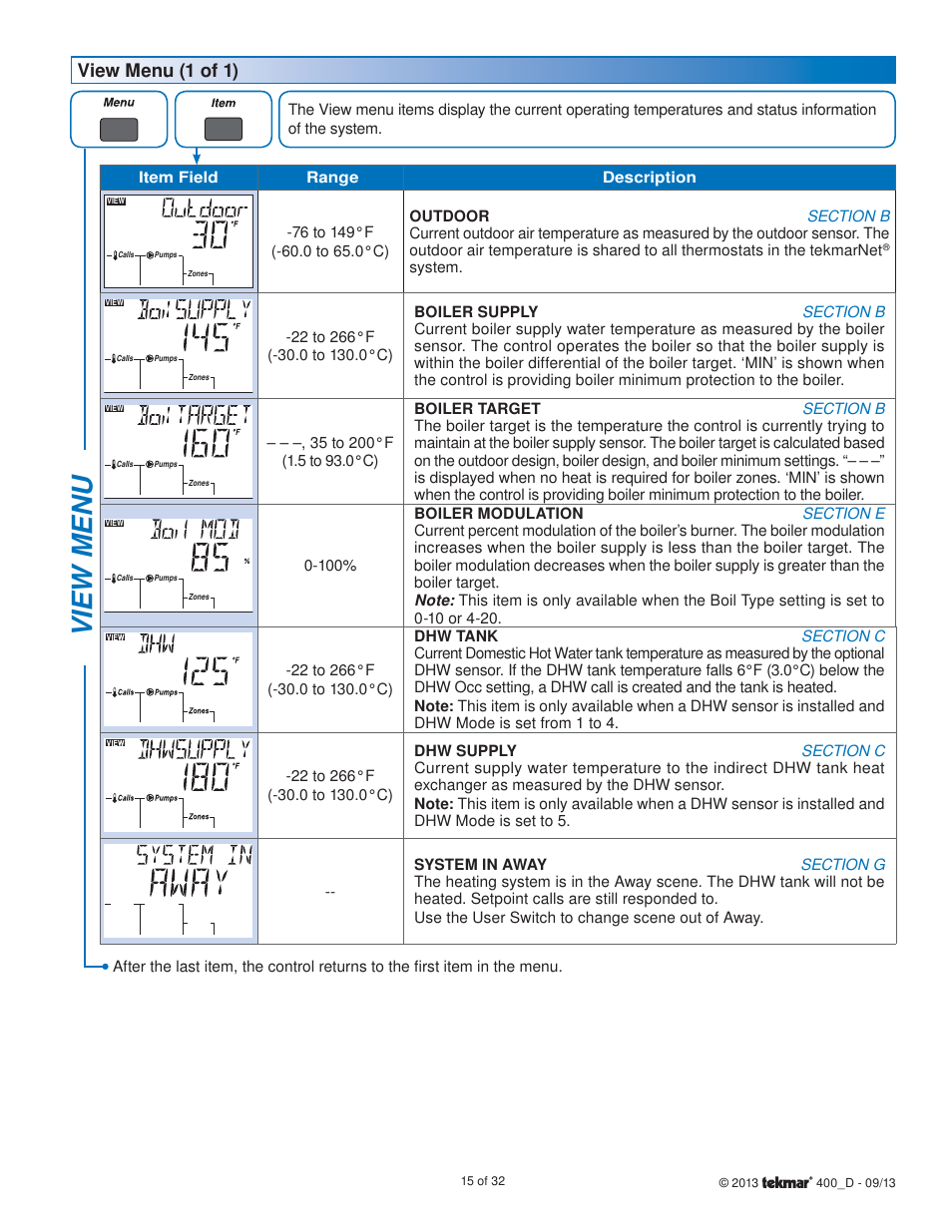 View menu (1 of 1) | tekmar 400 House Control Installation User Manual | Page 15 / 32