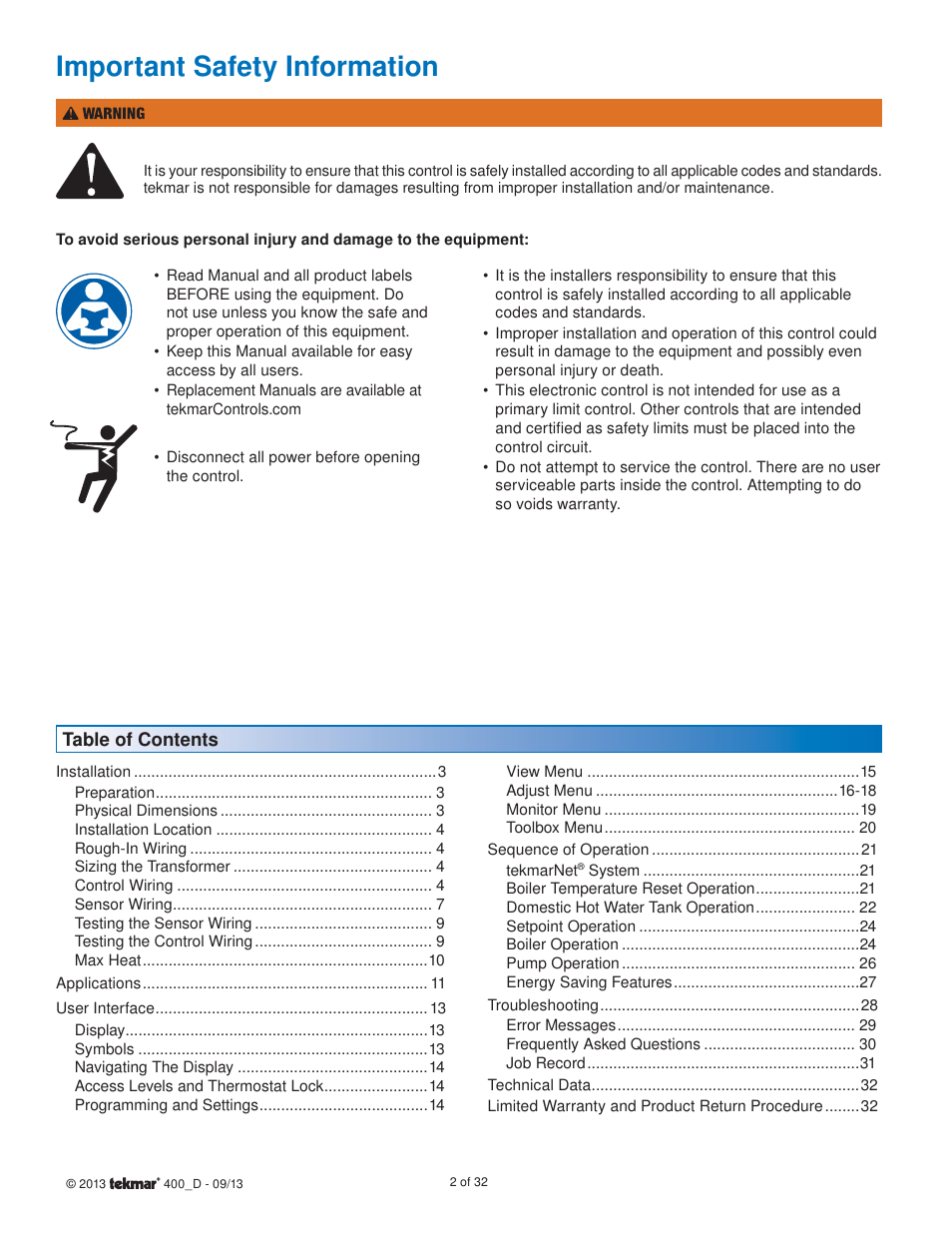Important safety information | tekmar 400 House Control Installation User Manual | Page 2 / 32