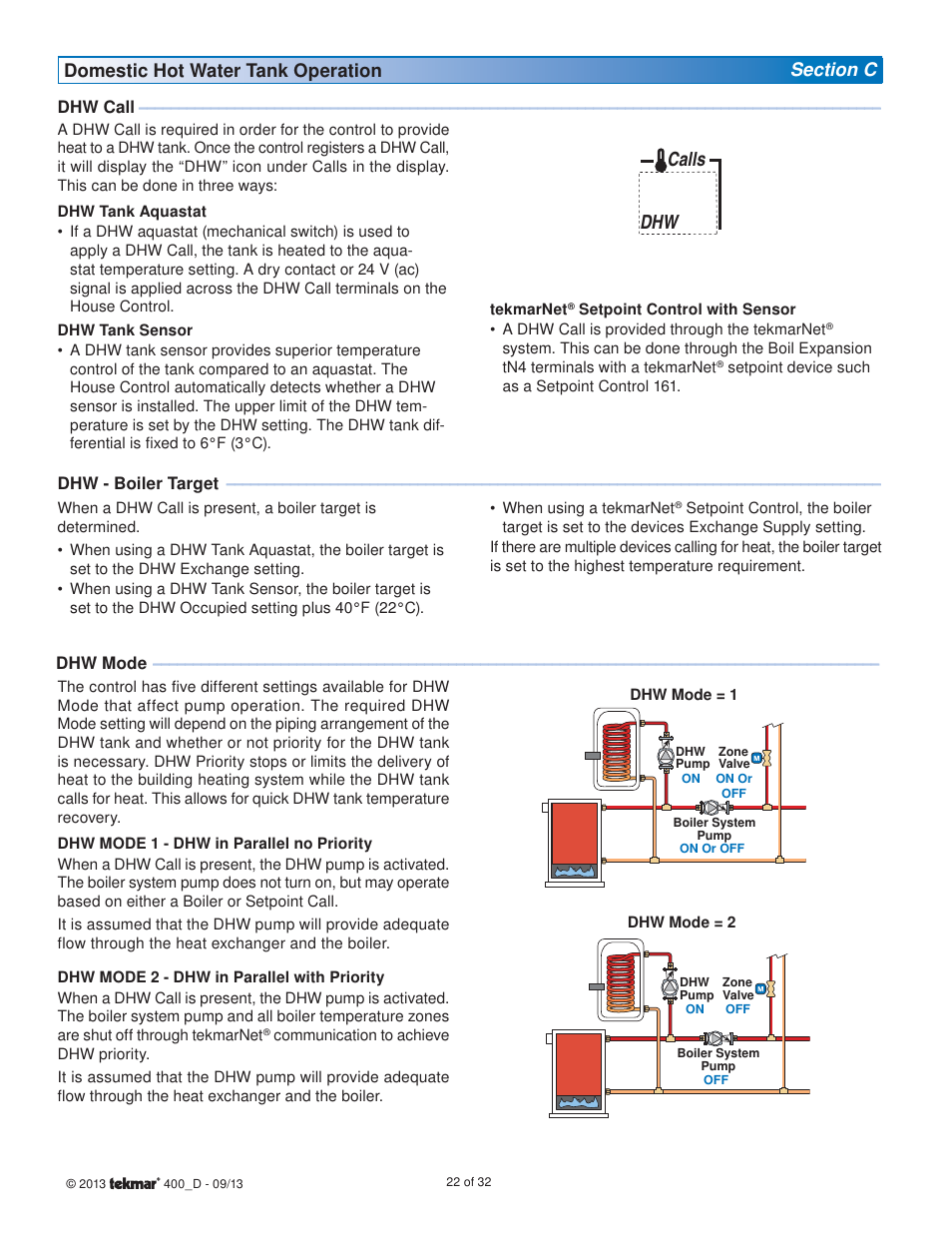 Dhw calls | tekmar 400 House Control Installation User Manual | Page 22 / 32