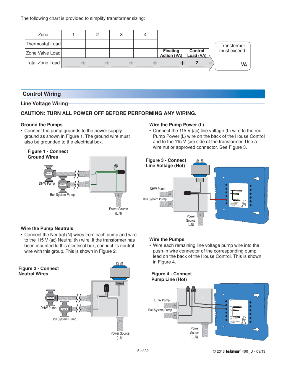 Va control wiring, Line voltage wiring | tekmar 400 House Control Installation User Manual | Page 5 / 32