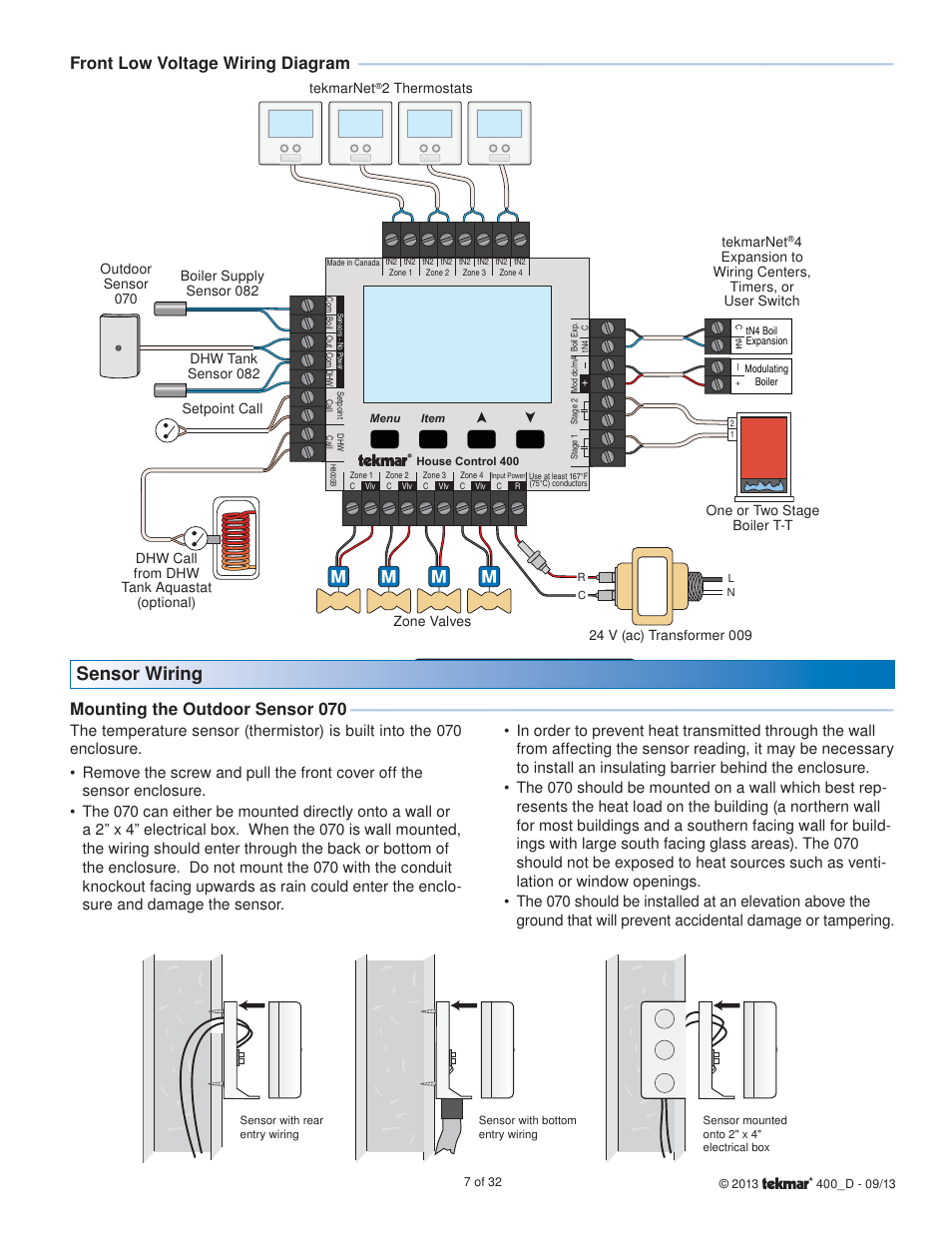 Sensor wiring, Front low voltage wiring diagram, Mounting the outdoor sensor 070 | tekmar 400 House Control Installation User Manual | Page 7 / 32