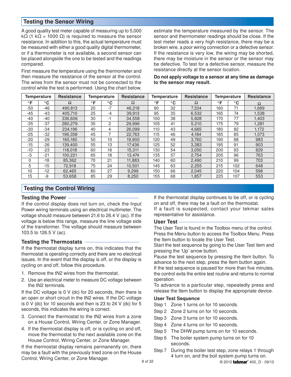 Testing the sensor wiring, Testing the control wiring | tekmar 400 House Control Installation User Manual | Page 9 / 32