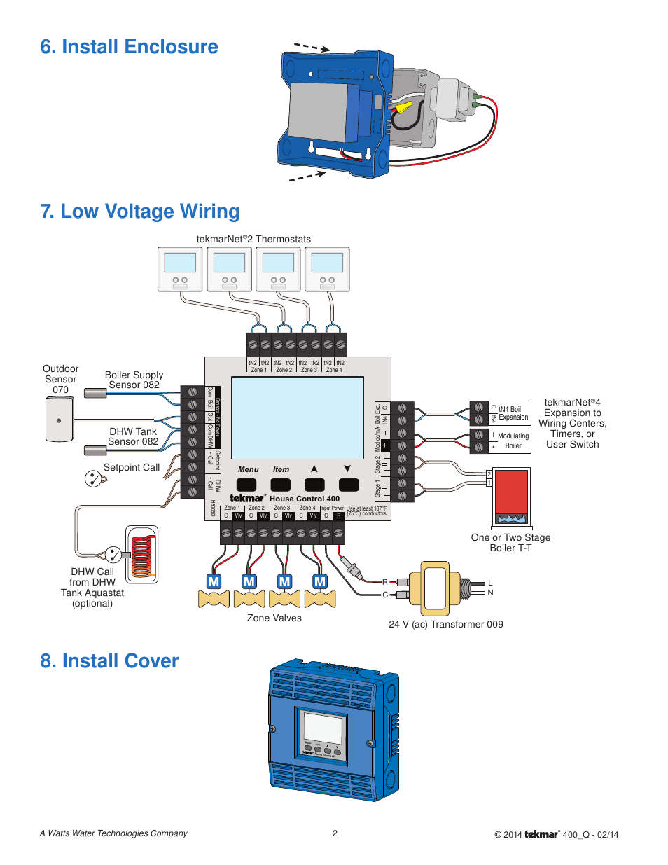 Install enclosure 8. install cover, Low voltage wiring, 2 thermostats tekmarnet | tekmar 400 House Control Quick Start User Manual | Page 2 / 12