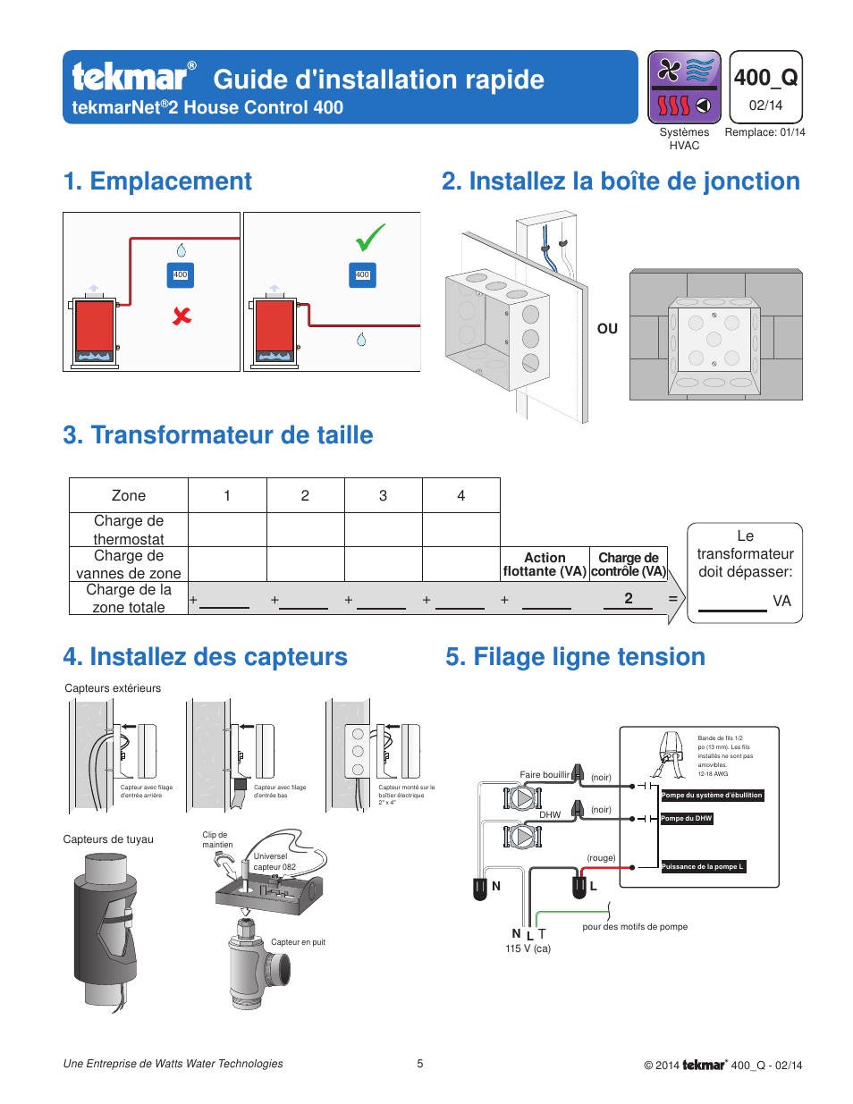 Guide d'installation rapide, 400_q, Tekmarnet | 2 house control 400 | tekmar 400 House Control Quick Start User Manual | Page 5 / 12