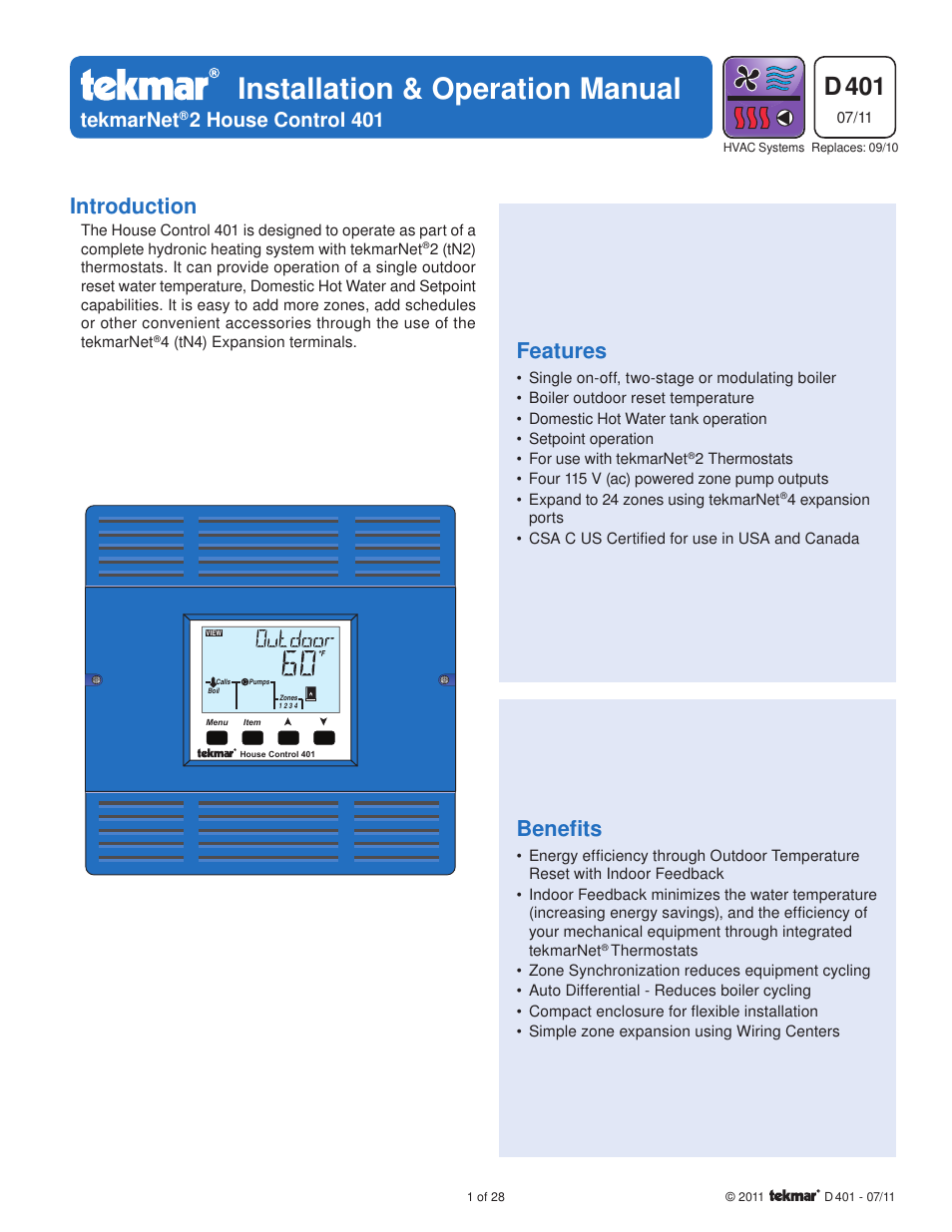 tekmar 401 House Control Installation User Manual | 28 pages