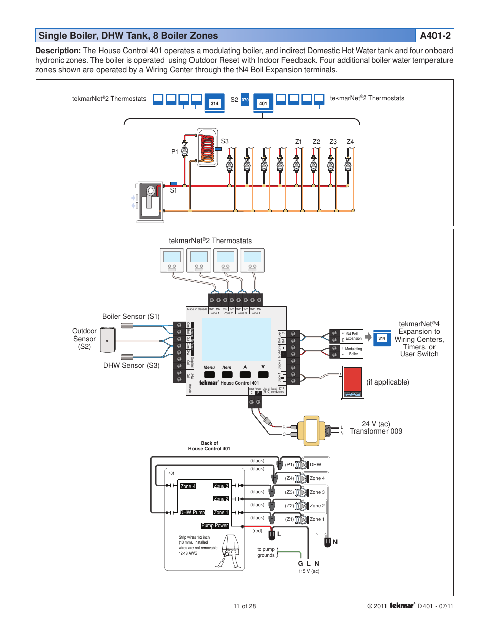2 thermostats outdoor sensor (s2) tekmarnet, If applicable), Ng l n l | tekmar 401 House Control Installation User Manual | Page 11 / 28