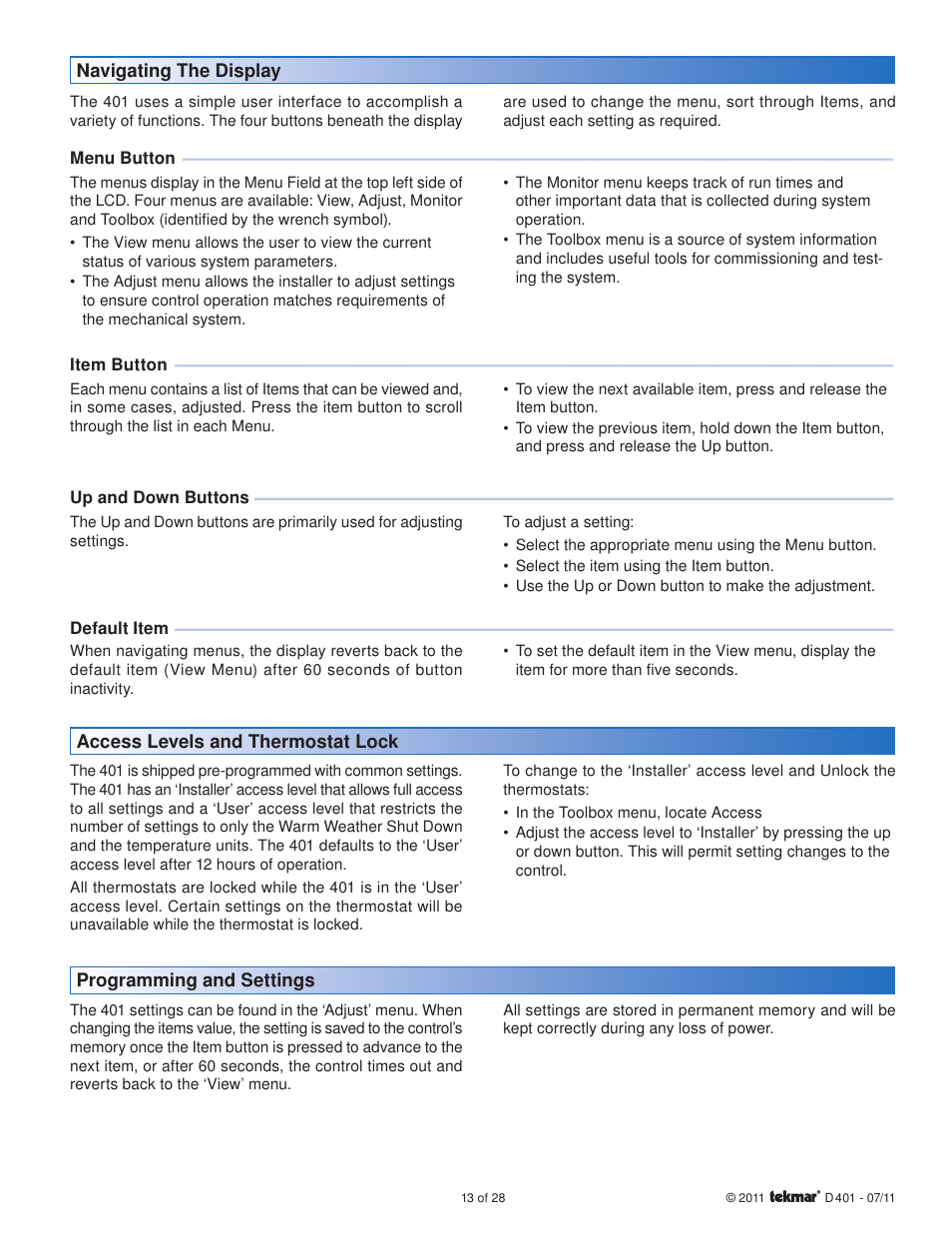 tekmar 401 House Control Installation User Manual | Page 13 / 28
