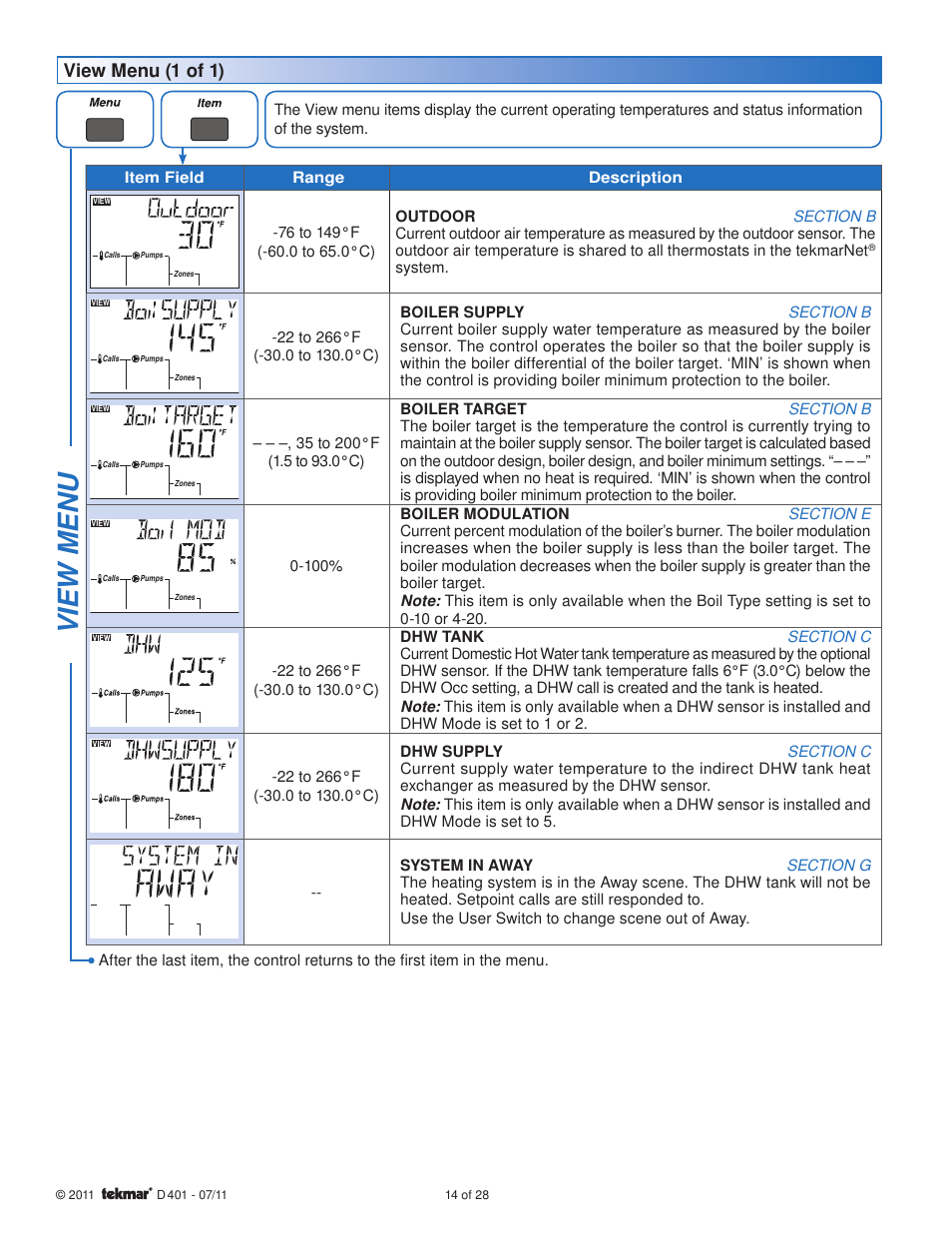 View menu (1 of 1) | tekmar 401 House Control Installation User Manual | Page 14 / 28