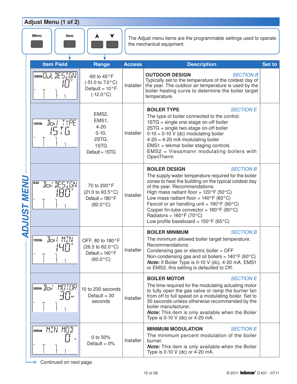 tekmar 401 House Control Installation User Manual | Page 15 / 28