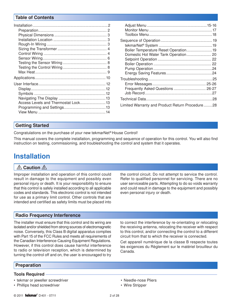 Installation | tekmar 401 House Control Installation User Manual | Page 2 / 28