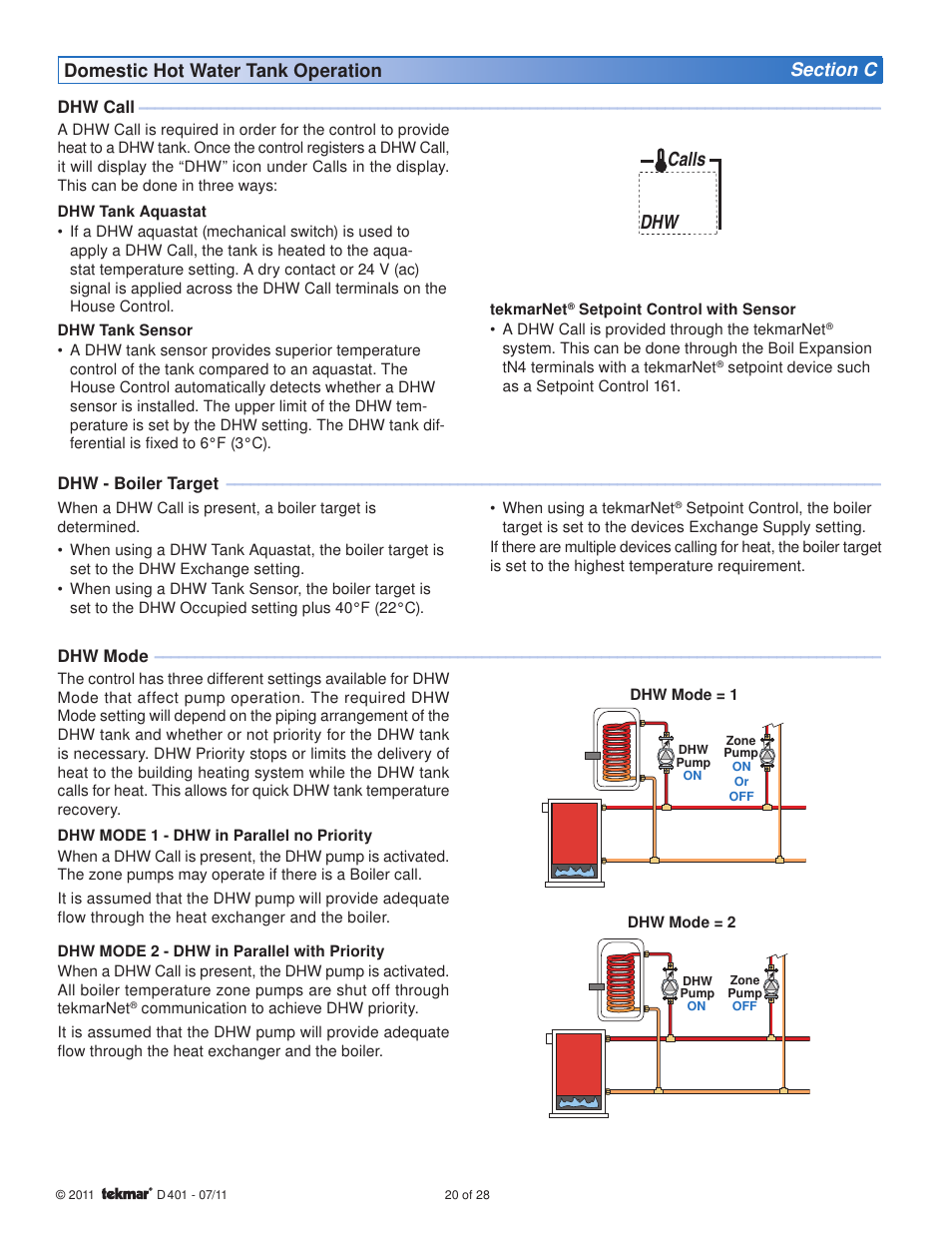 Dhw calls | tekmar 401 House Control Installation User Manual | Page 20 / 28
