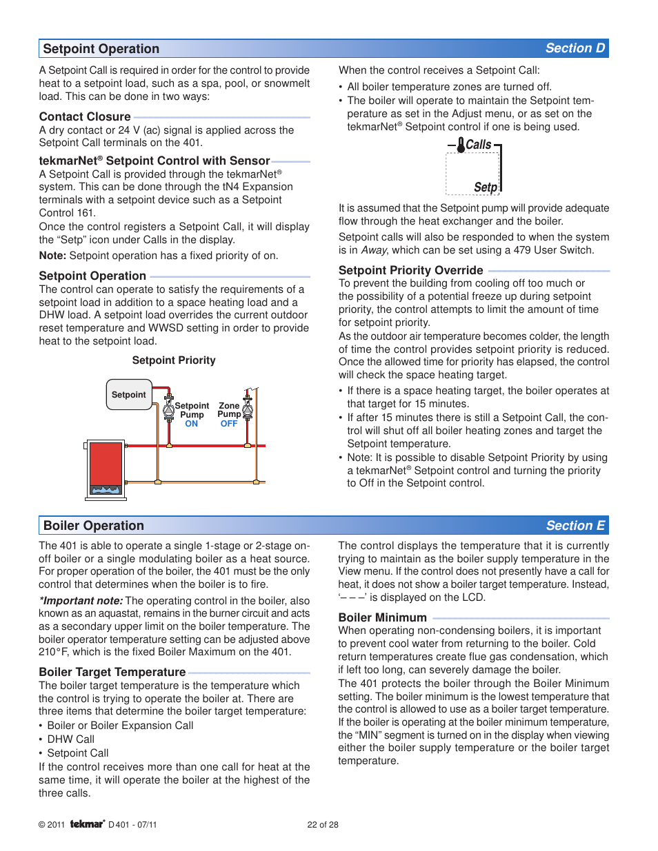 Setp calls | tekmar 401 House Control Installation User Manual | Page 22 / 28