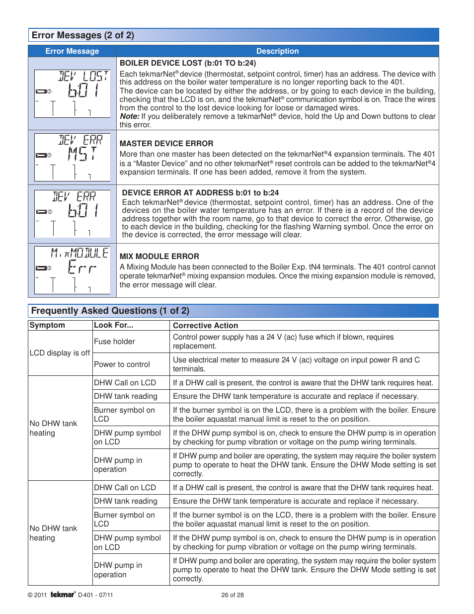 Error messages (2 of 2), Frequently asked questions (1 of 2) | tekmar 401 House Control Installation User Manual | Page 26 / 28