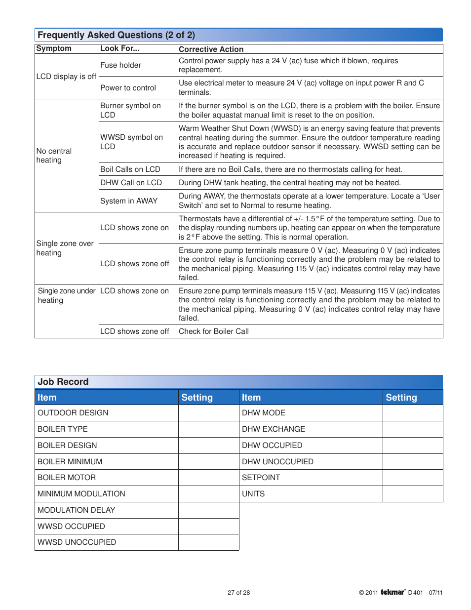 tekmar 401 House Control Installation User Manual | Page 27 / 28