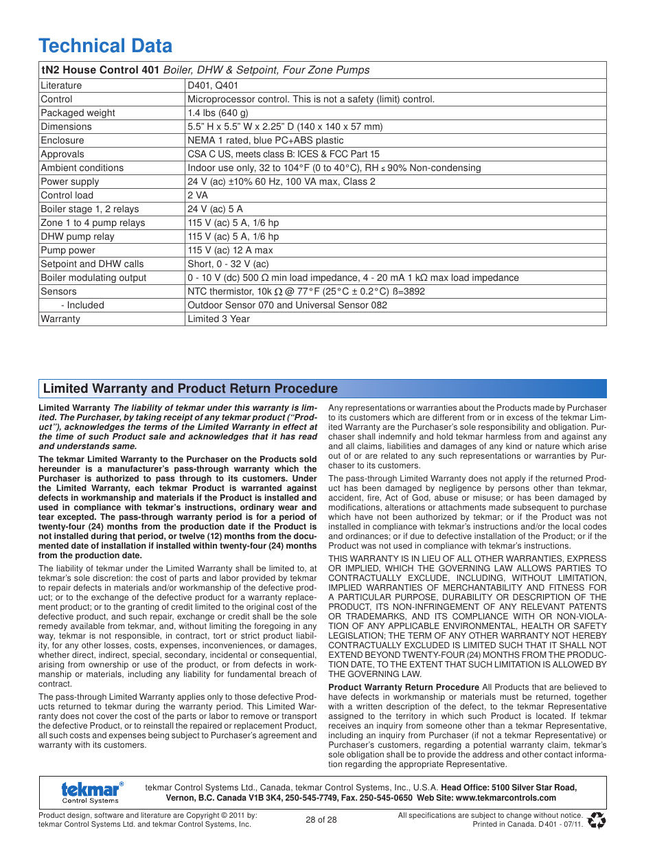 Technical data, Limited warranty and product return procedure | tekmar 401 House Control Installation User Manual | Page 28 / 28