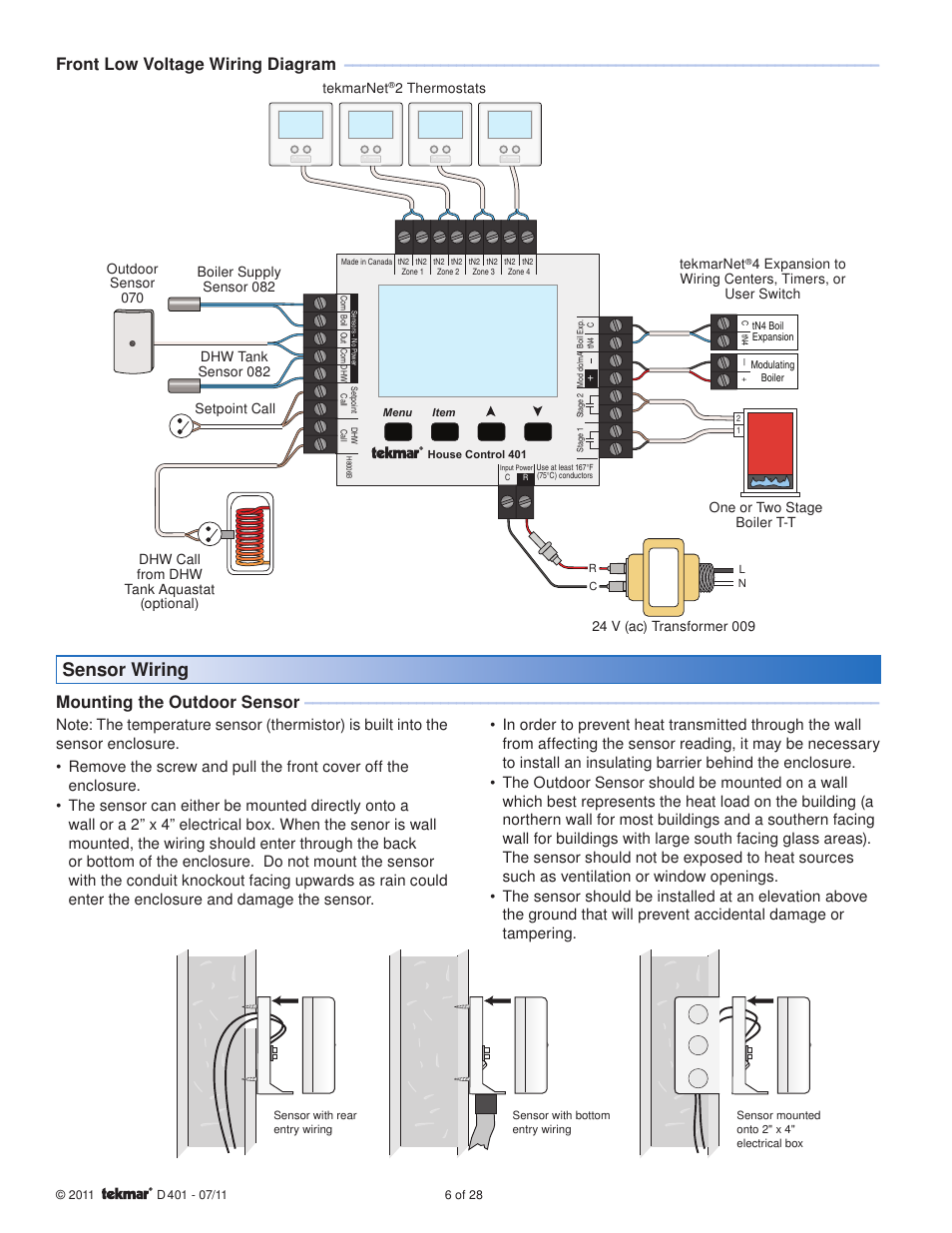 Sensor wiring, Front low voltage wiring diagram, Mounting the outdoor sensor | tekmar 401 House Control Installation User Manual | Page 6 / 28