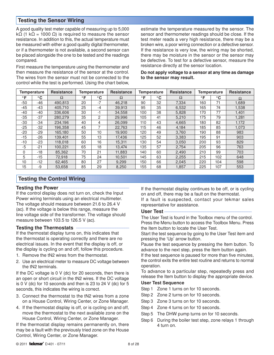 Testing the sensor wiring, Testing the control wiring | tekmar 401 House Control Installation User Manual | Page 8 / 28