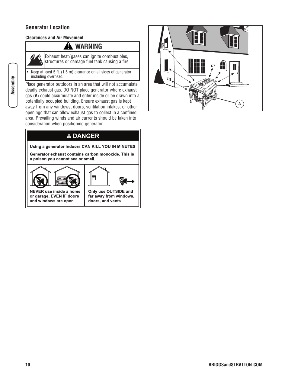 Generator location, Warning | Briggs & Stratton 8000 Watt User Manual | Page 10 / 28