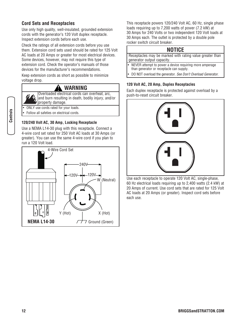 Cord sets and receptacles, Warning, Notice | Briggs & Stratton 8000 Watt User Manual | Page 12 / 28