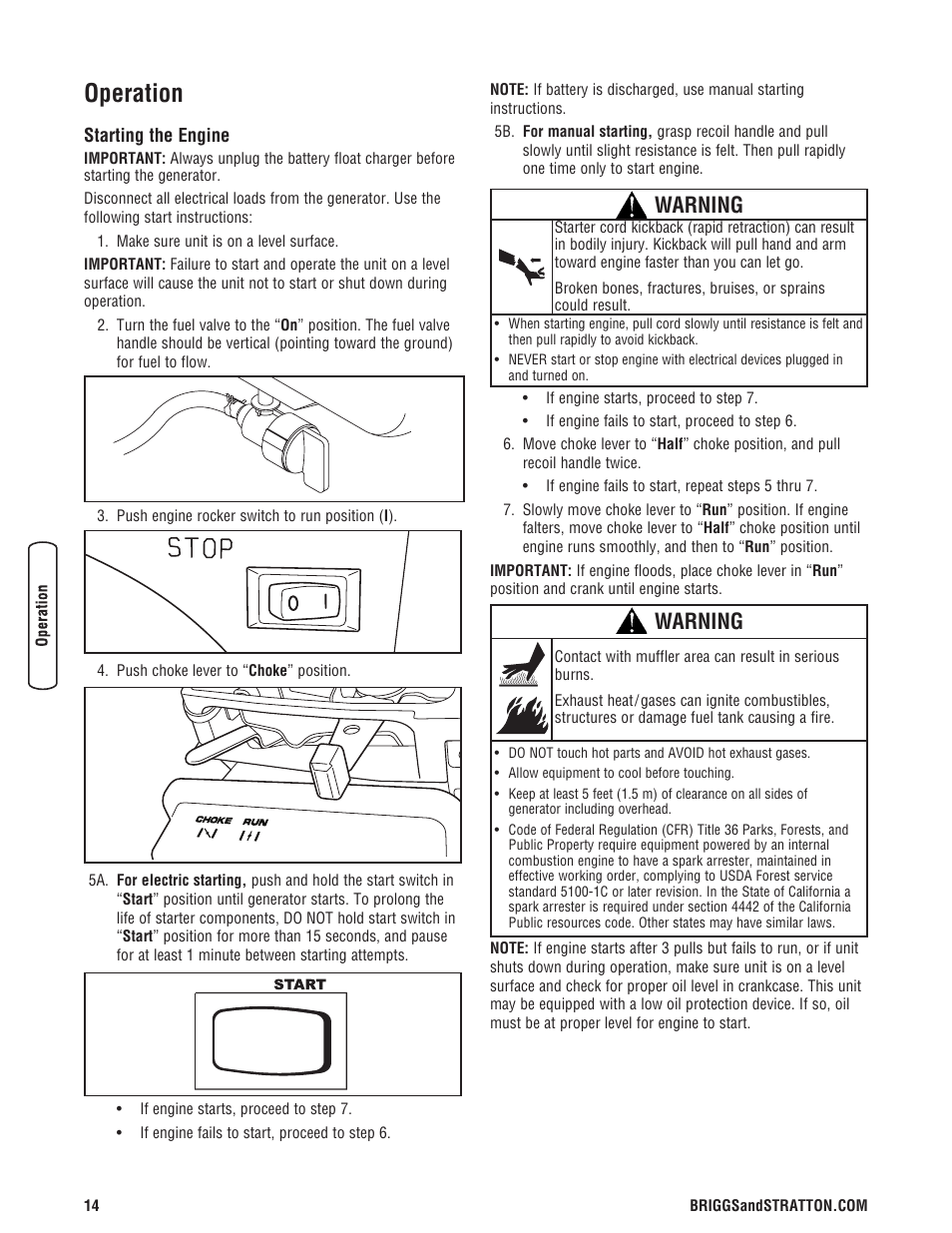 Operation, Starting the engine, Warning | Briggs & Stratton 8000 Watt User Manual | Page 14 / 28