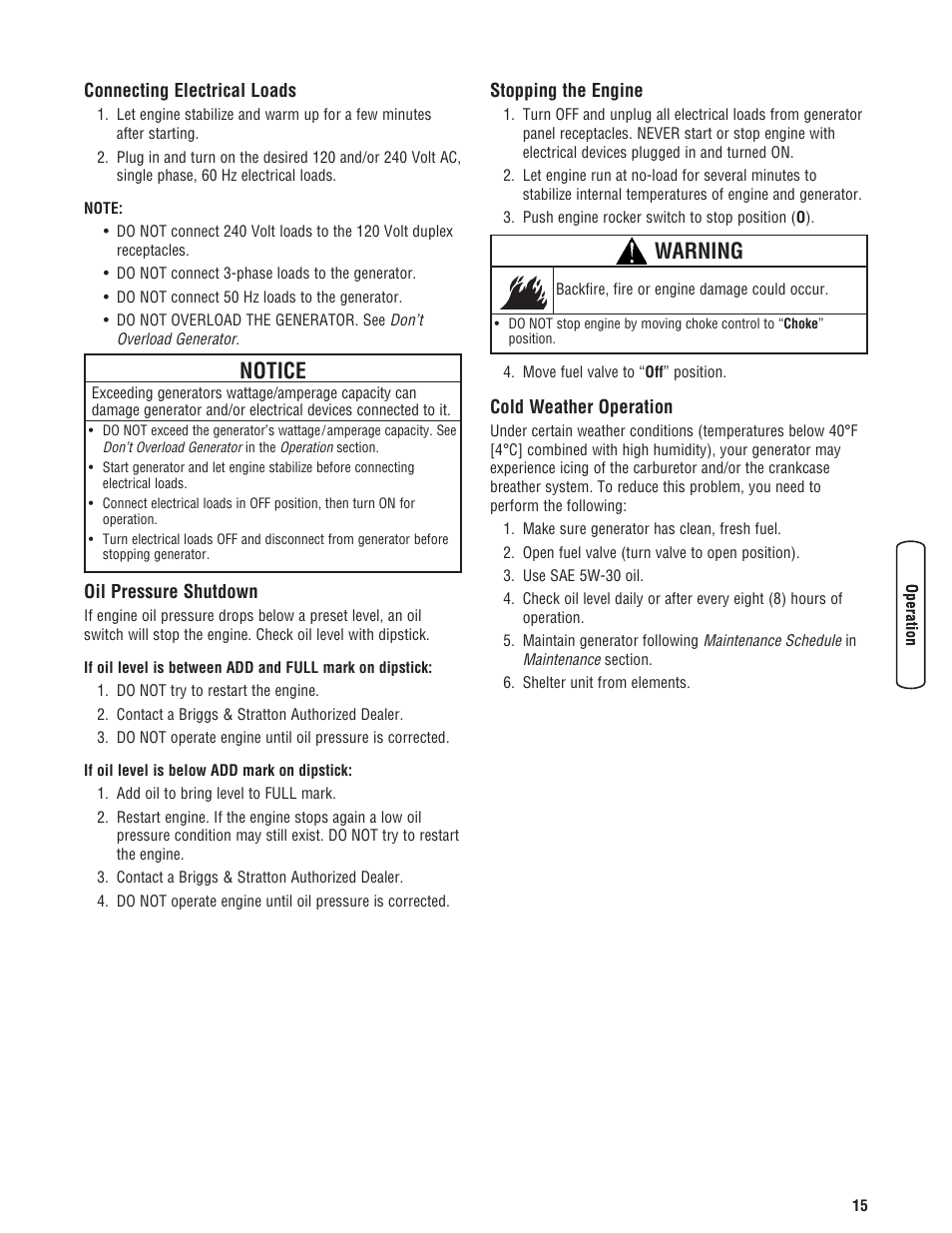 Warning, Notice | Briggs & Stratton 8000 Watt User Manual | Page 15 / 28