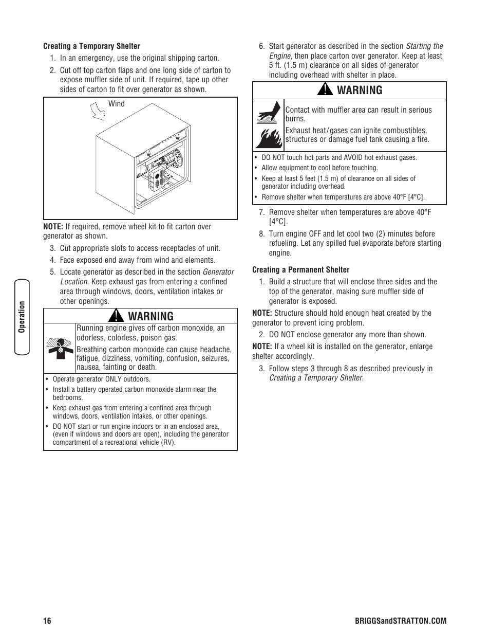 Warning | Briggs & Stratton 8000 Watt User Manual | Page 16 / 28