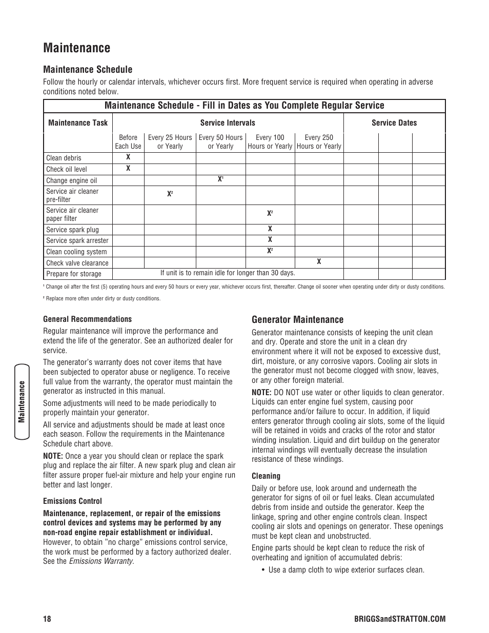 Maintenance, Maintenance schedule generator maintenance, Maintenance schedule | Generator maintenance | Briggs & Stratton 8000 Watt User Manual | Page 18 / 28