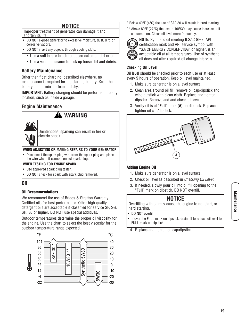 Battery maintenance engine maintenance, Notice, Warning | Briggs & Stratton 8000 Watt User Manual | Page 19 / 28