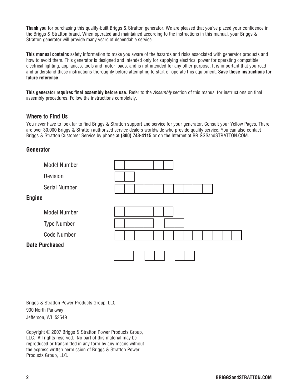 Briggs & Stratton 8000 Watt User Manual | Page 2 / 28