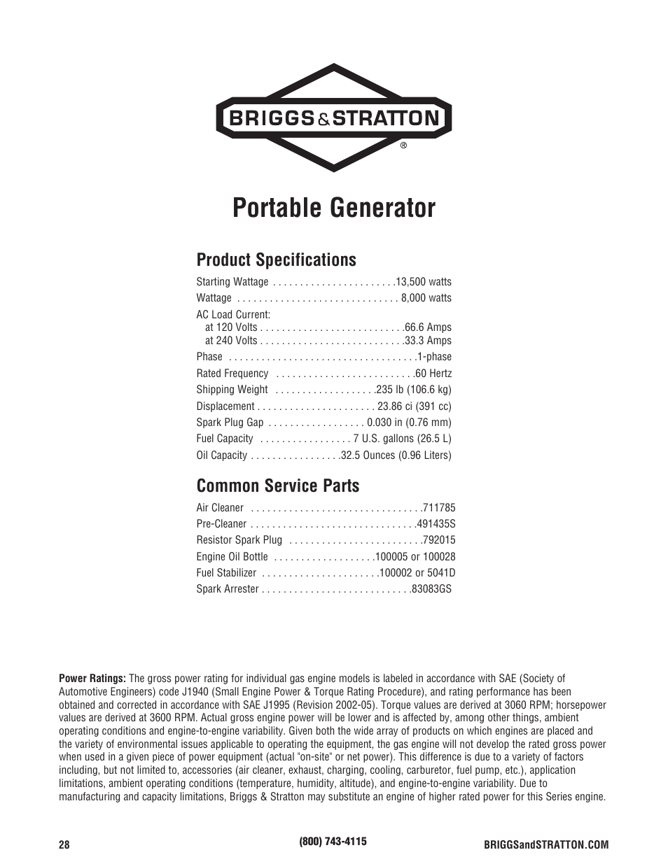 Portable generator, Product specifications, Common service parts | Briggs & Stratton 8000 Watt User Manual | Page 28 / 28