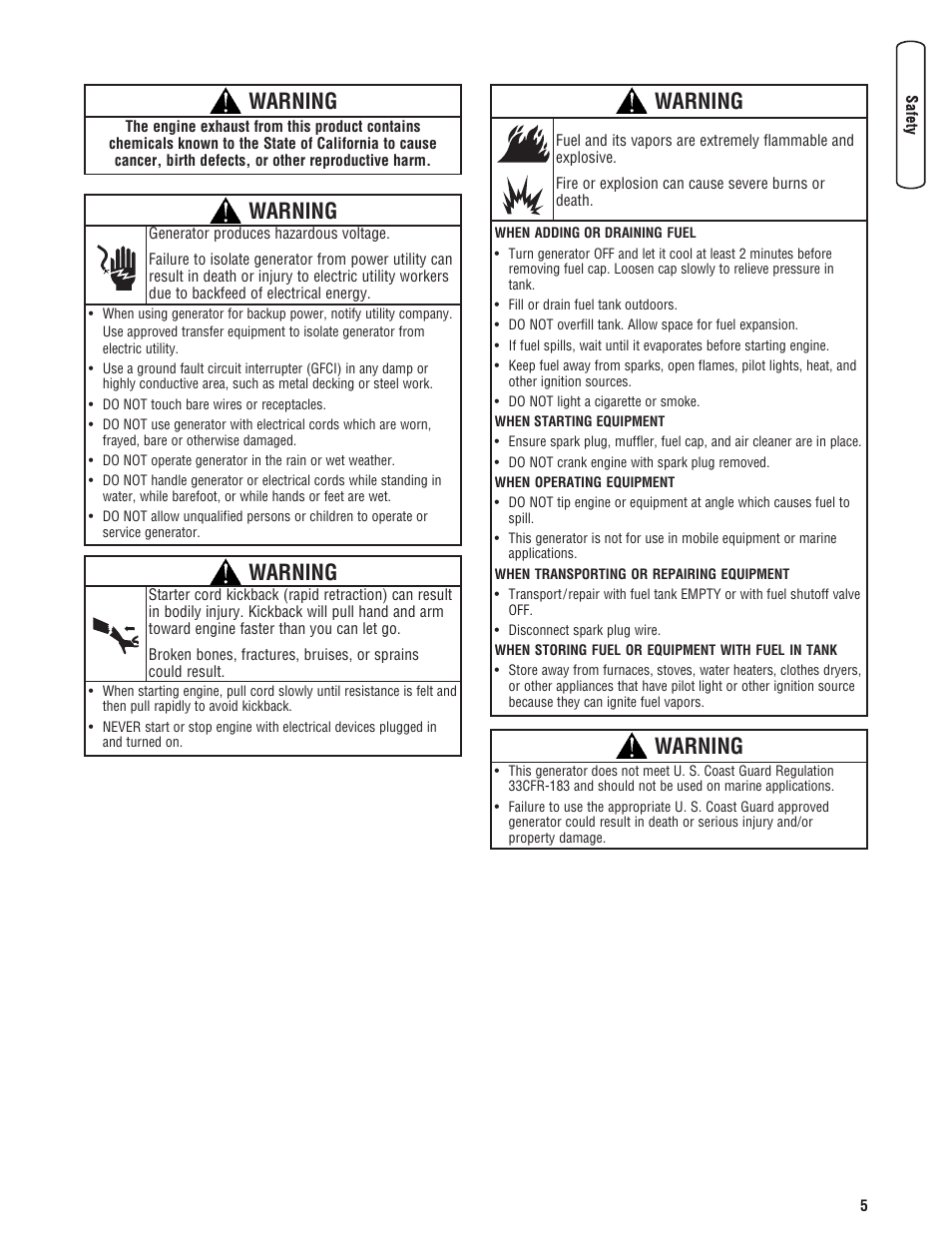 Warning | Briggs & Stratton 8000 Watt User Manual | Page 5 / 28