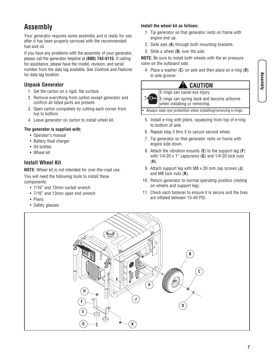 Assembly, Unpack generator install wheel kit, Caution | Briggs & Stratton 8000 Watt User Manual | Page 7 / 28