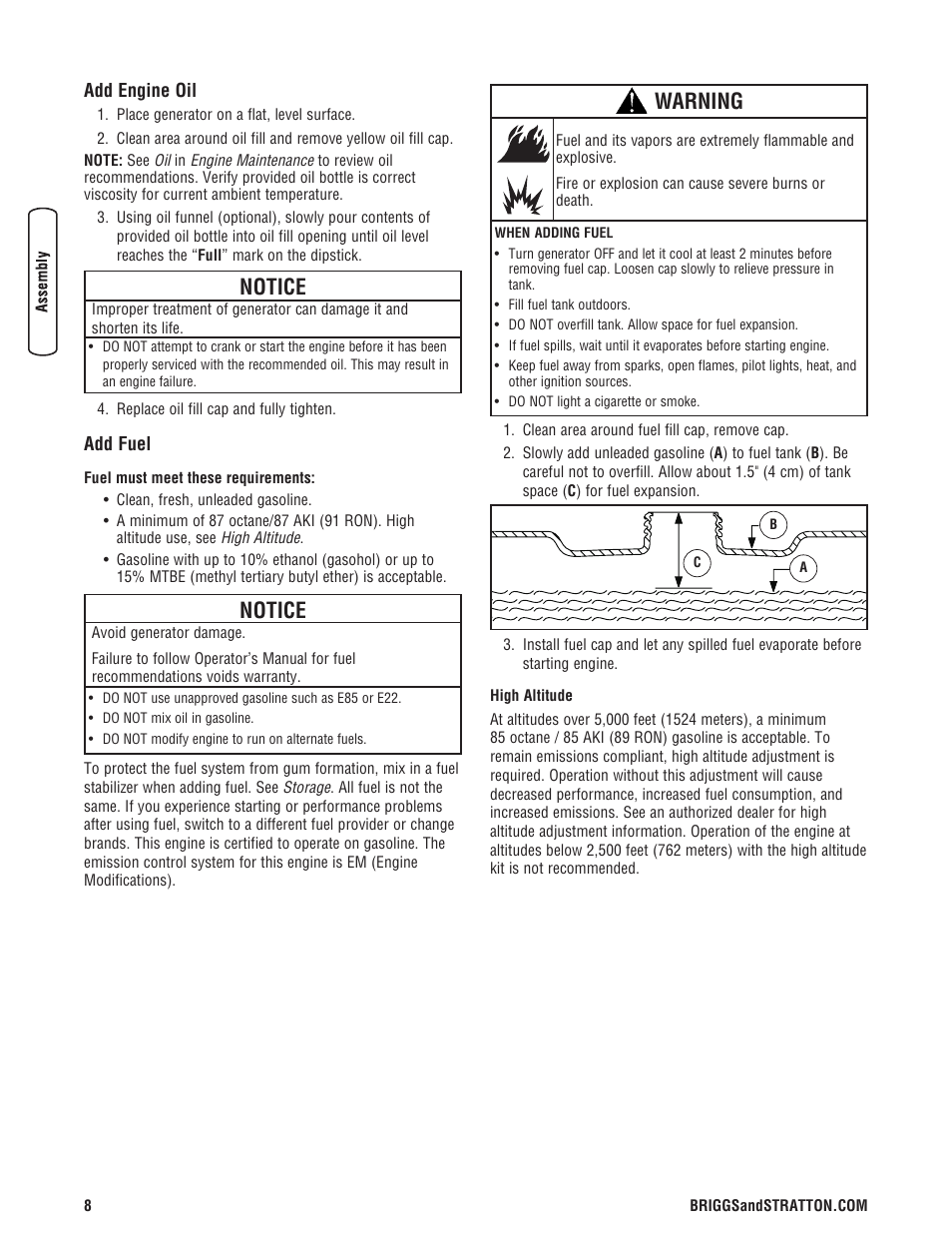 Add engine oil add fuel, Notice, Warning | Briggs & Stratton 8000 Watt User Manual | Page 8 / 28