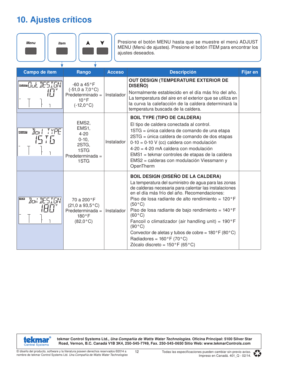 Ajustes críticos | tekmar 401 House Control Quick Start User Manual | Page 12 / 12