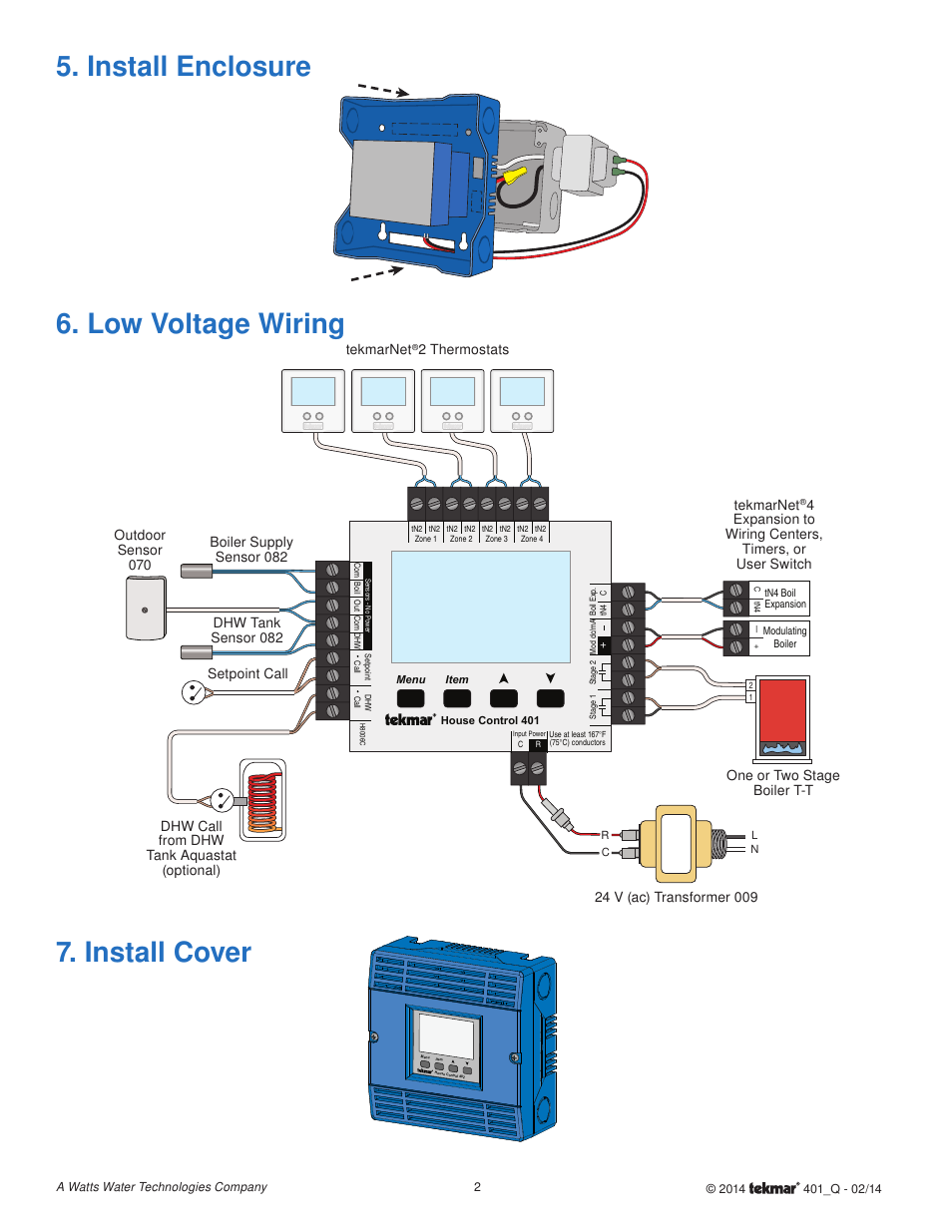 Low voltage wiring, Install cover, Install enclosure | tekmar 401 House Control Quick Start User Manual | Page 2 / 12
