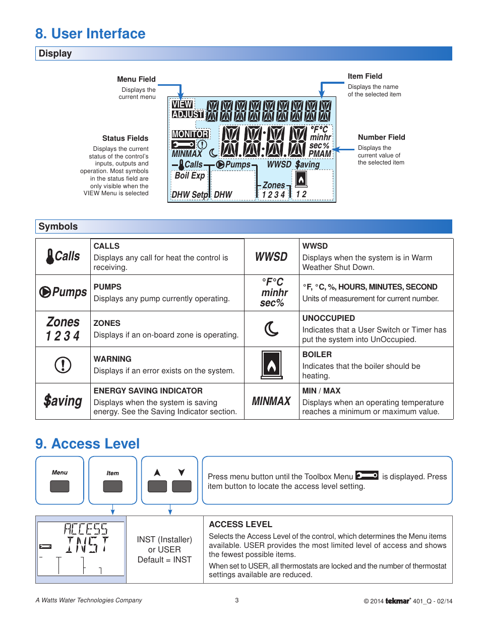 User interface 9. access level, Saving, Zones 1 2 3 4 | Calls, Pumps, Wwsd, Max min | tekmar 401 House Control Quick Start User Manual | Page 3 / 12