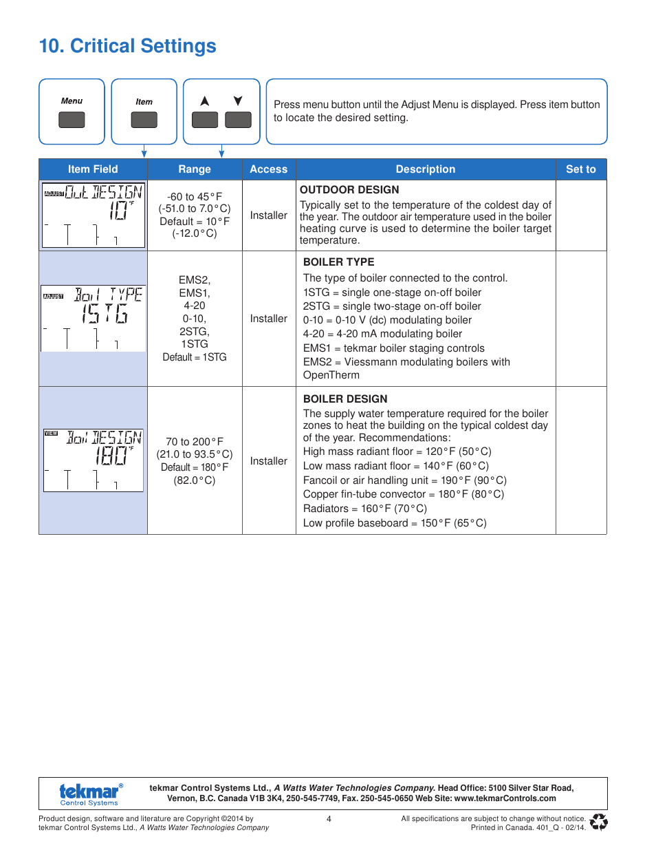Critical settings | tekmar 401 House Control Quick Start User Manual | Page 4 / 12
