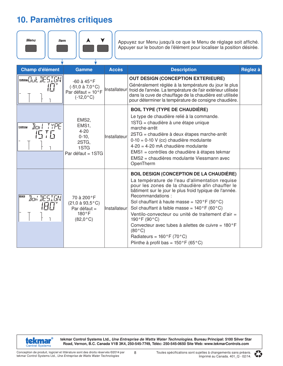 Paramètres critiques | tekmar 401 House Control Quick Start User Manual | Page 8 / 12