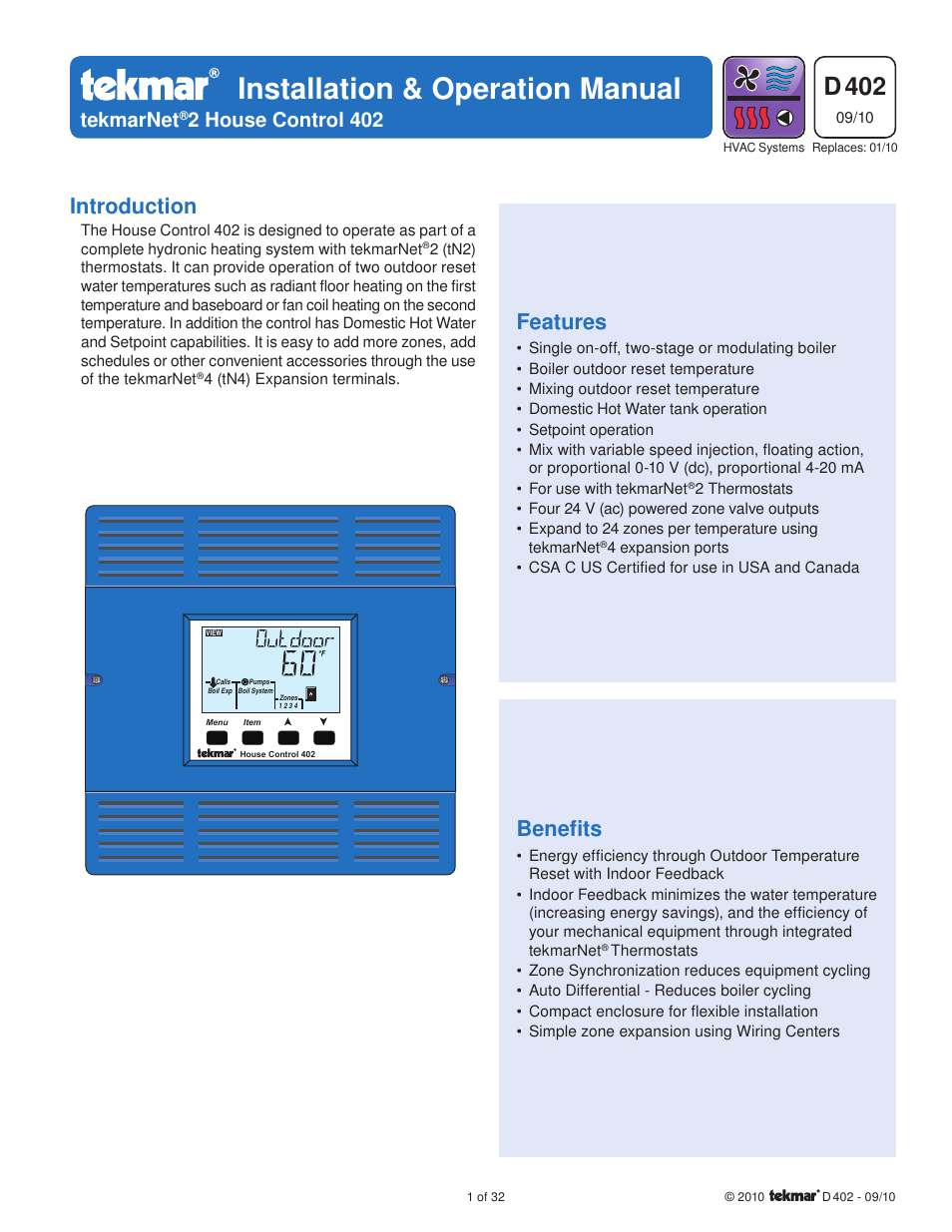 tekmar 402 House Control Installation User Manual | 32 pages