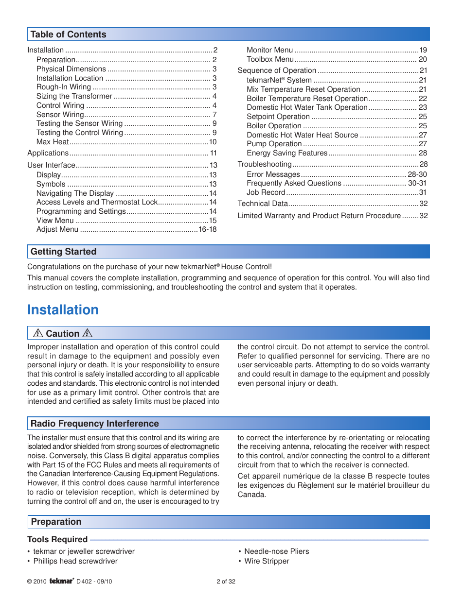 Installation | tekmar 402 House Control Installation User Manual | Page 2 / 32