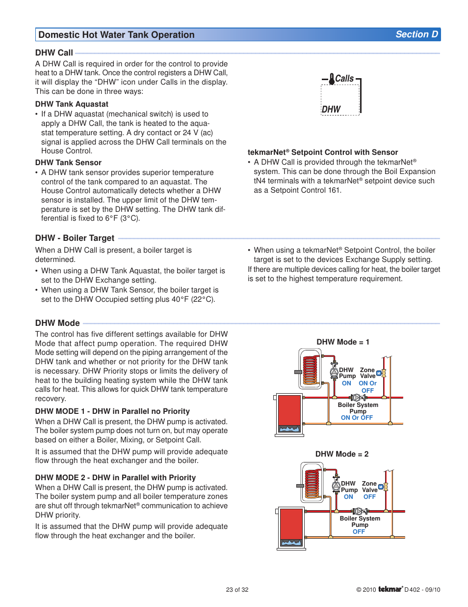 Dhw calls | tekmar 402 House Control Installation User Manual | Page 23 / 32