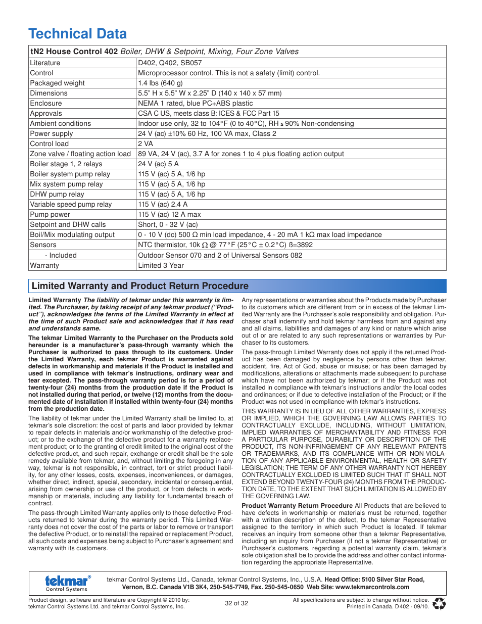 Technical data, Limited warranty and product return procedure | tekmar 402 House Control Installation User Manual | Page 32 / 32