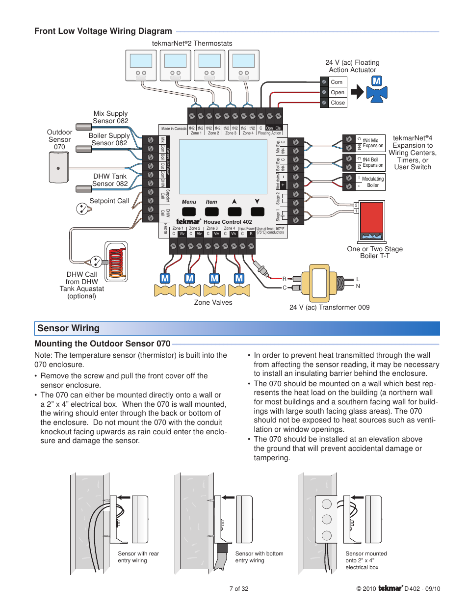 Sensor wiring, Front low voltage wiring diagram, Mounting the outdoor sensor 070 | tekmar 402 House Control Installation User Manual | Page 7 / 32