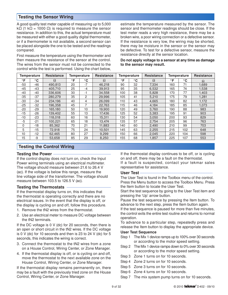 Testing the sensor wiring, Testing the control wiring | tekmar 402 House Control Installation User Manual | Page 9 / 32