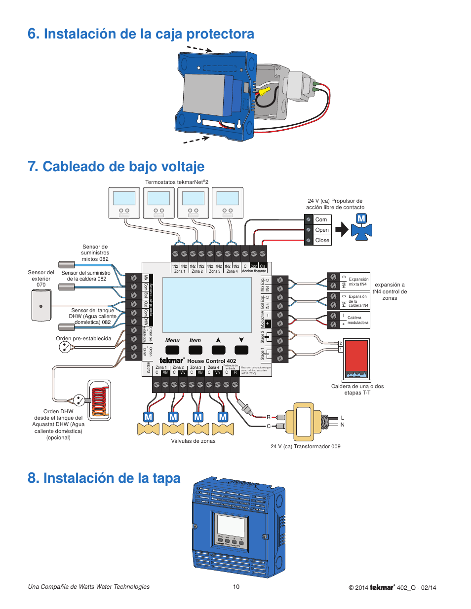 Instalación de la caja protectora, Instalación de la tapa, Cableado de bajo voltaje | tekmar 402 House Control Quick Start User Manual | Page 10 / 12