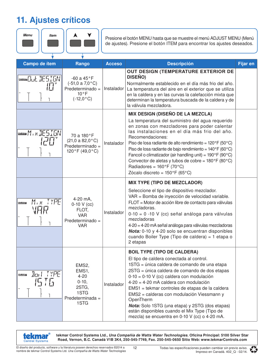 Ajustes críticos | tekmar 402 House Control Quick Start User Manual | Page 12 / 12